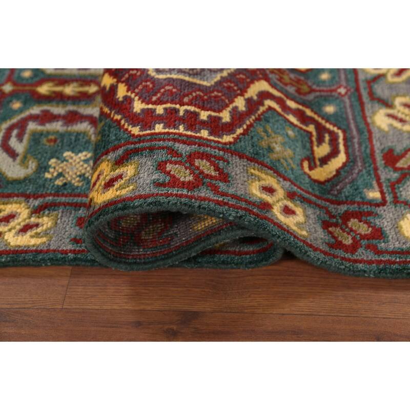Green Geometric Kazak Runner Rug Hand-Knotted Wool Carpet - 2'5"x 9'8"