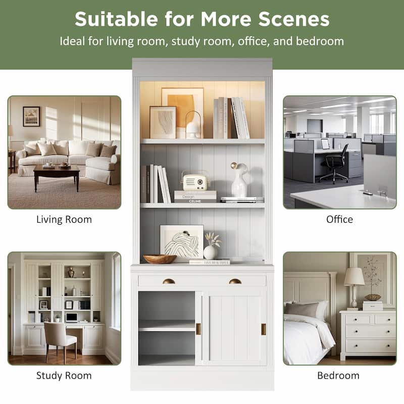 83.4" Tall Bookshelf with LED Lighting, Sliding Doors and Open Shelves