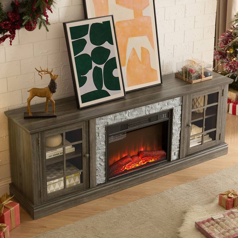 Fireplace TV Stand with 23" Electric Fireplace, Faux Stacked Stone Surround Media Cabinet TV Console for TVs up to 75"