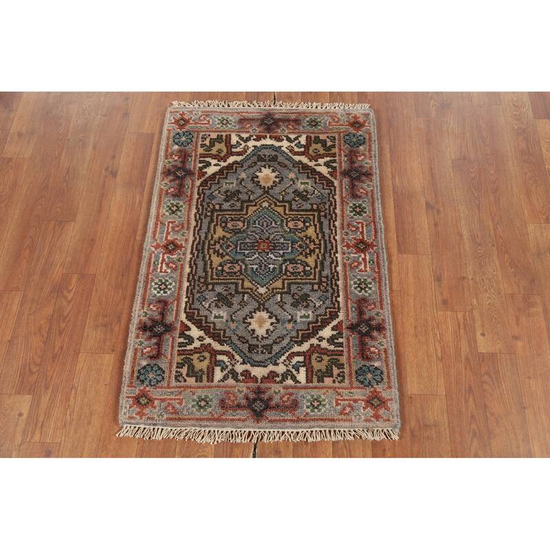 Geometric Heriz Serapi Indian Accent Rug Handmade Gray Wool Carpet - 2'0"x 3'0"