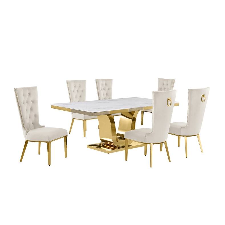 Best Quality Furniture D321-SC334-7 Dining Set with 78" White Marble Top