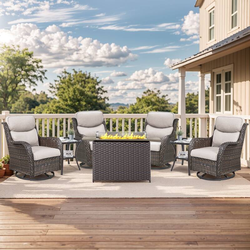 Outdoor Gliders Chairs with Fire Pit Table with 5-Inch Thick Cushions - Brown Rattan - Beige Cushion - 7PCS Swivel Chair Table w/ Rectangular Fire Table