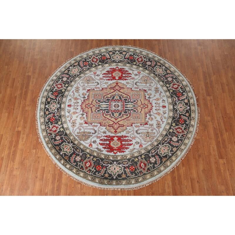 Light Blue Heriz-Serapi Oriental Round Area Rug Handmade Wool Carpet - 7'11"x 7'11"