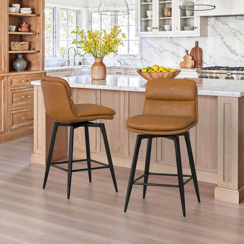 Upholstered Faux Leather Bar Stools with Back and Metal Legs Set of 2/3/4, 26" H Seat Height, 360° Swivel Bar Stools Brown