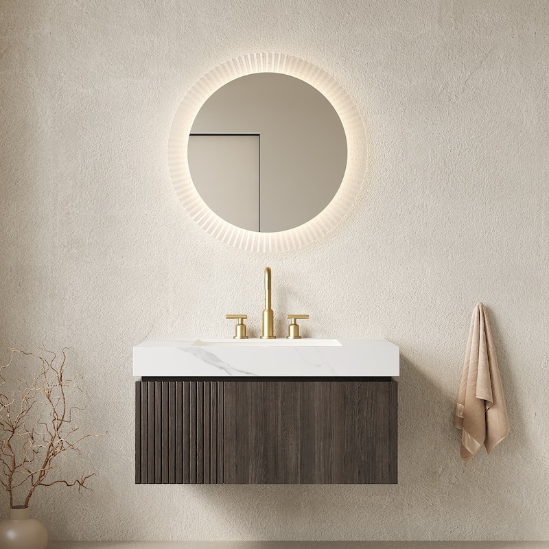 Floating Bathroom Vanity with Sintered Stone Top & Undermount Ceramic Basin with Three Pre-drilled Faucet Holes - 35.83'' x 18.9'' x 17.72'' - Espresso and Carrara White
