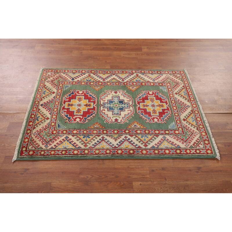 Green Geometric Kazak Accent Rug Hand-Knotted Wool Carpet - 2'9" x 3'11"