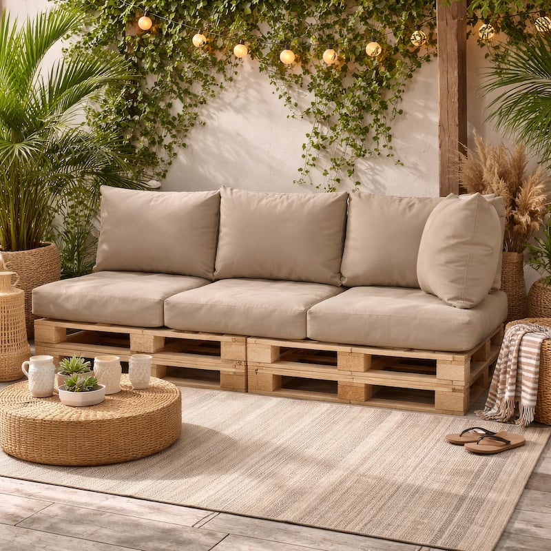 Paom 3pc Outdoor Pallet Cushions, Hollow Fiber, Taupe Oxford Fabric