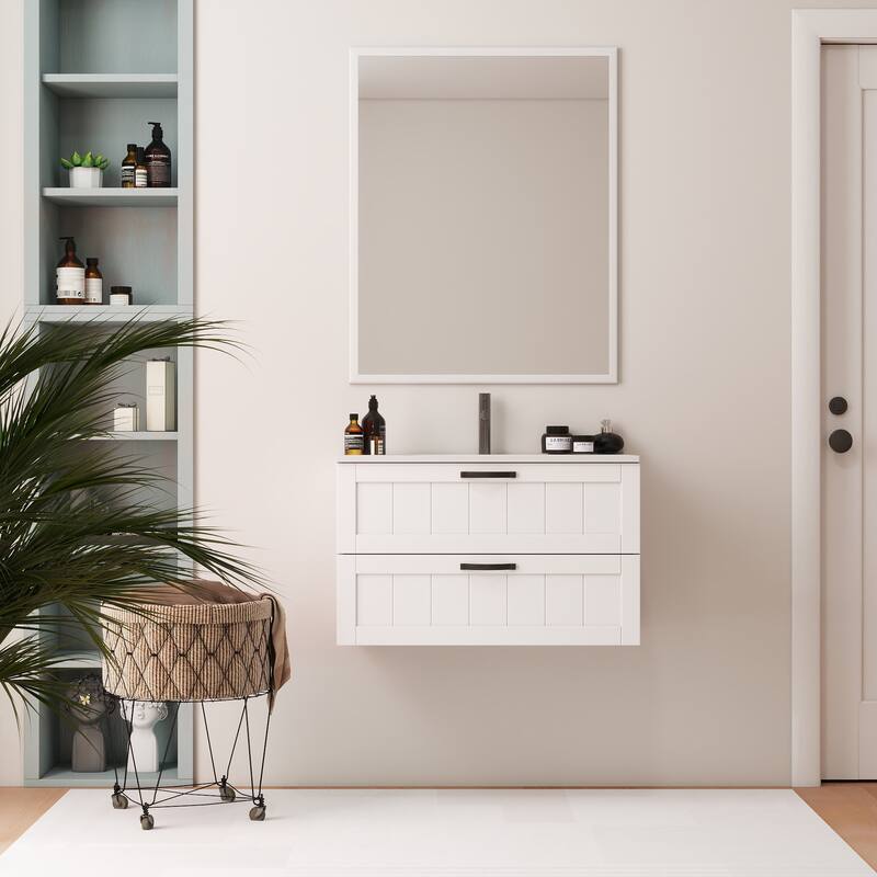 GDFStudio - 31.5" Modern Style Bathroom Cabinet, Double Drawer with Decor Line, Wall-Mounted Vanity