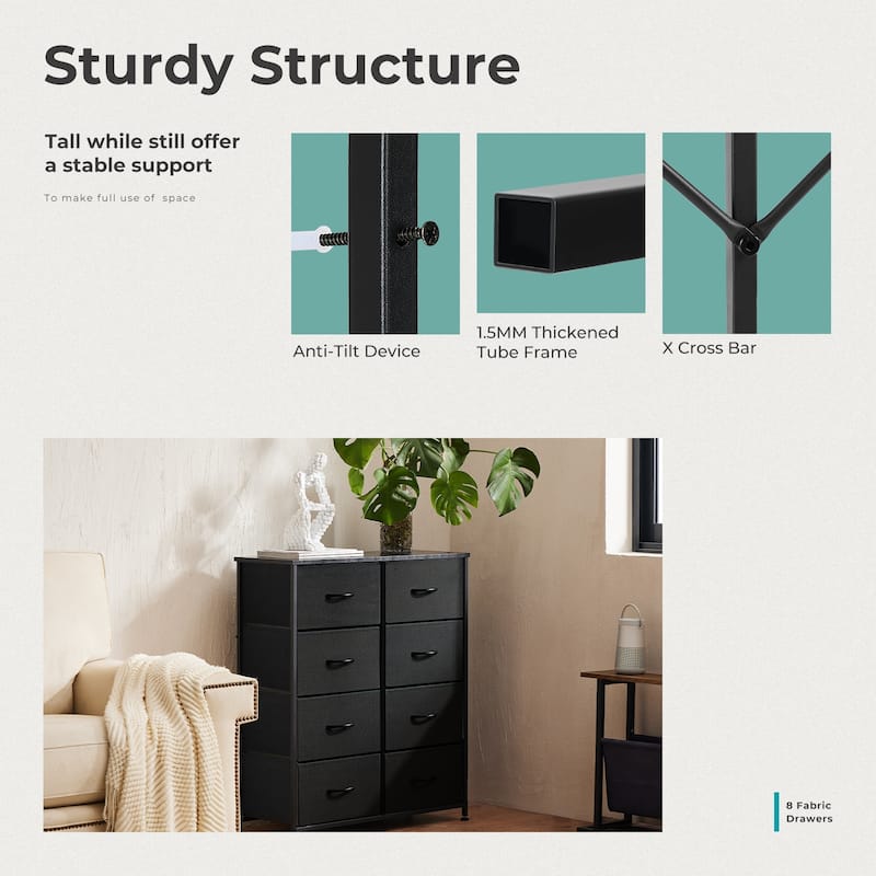 Tall Dresser Storage Tower with 8 Fabric Drawers