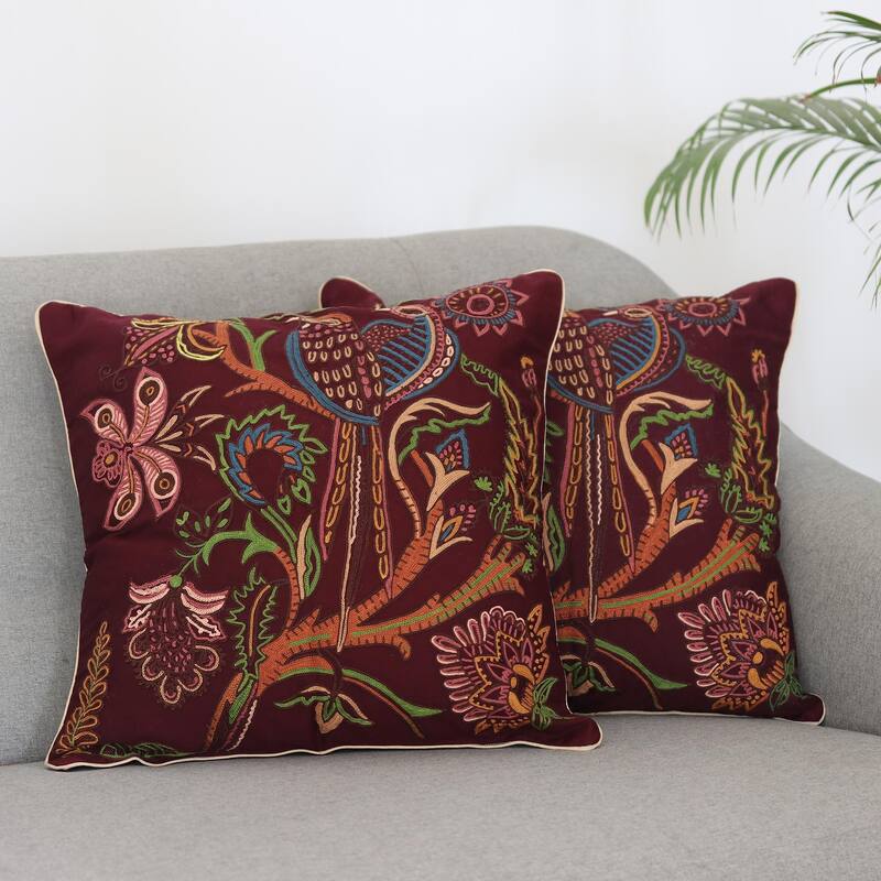 Novica Handmade Floral Muse Embroidered Cotton Cushion Covers (Set Of 2)