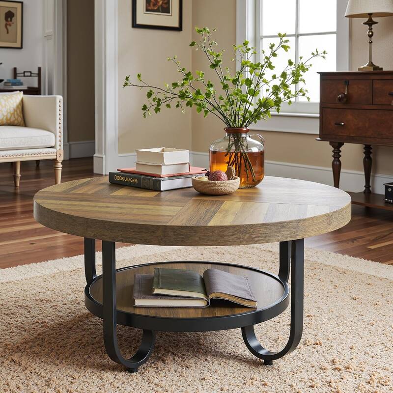 2-Tier Industrial Center Table for Living Room, 31.1 Inches Brown MDF Round Coffee Table