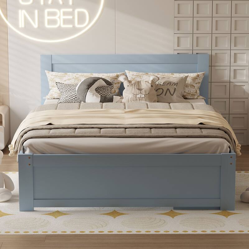 Gray Full Size Platform Bed with Drawer and Two Storage Shelves