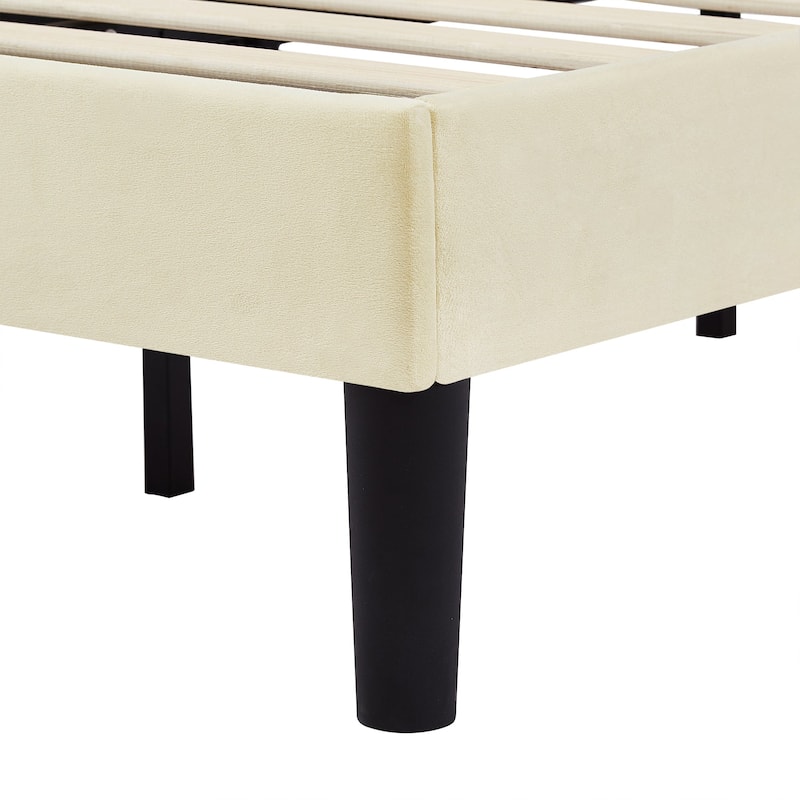 Beige Twin Bed Nailhead Upholstered Platform Bed Frame with Adjustable Headboard