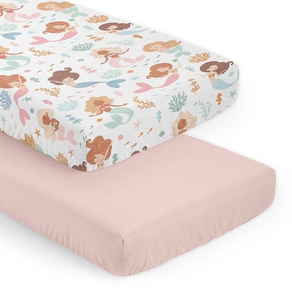 slide 2 of 6, Sweet Jojo Designs Ocean Mermaids Girl 2 Pack Fitted Crib Sheets Solid Blush Pink and Under the Sea Underwater Theme Fairytale