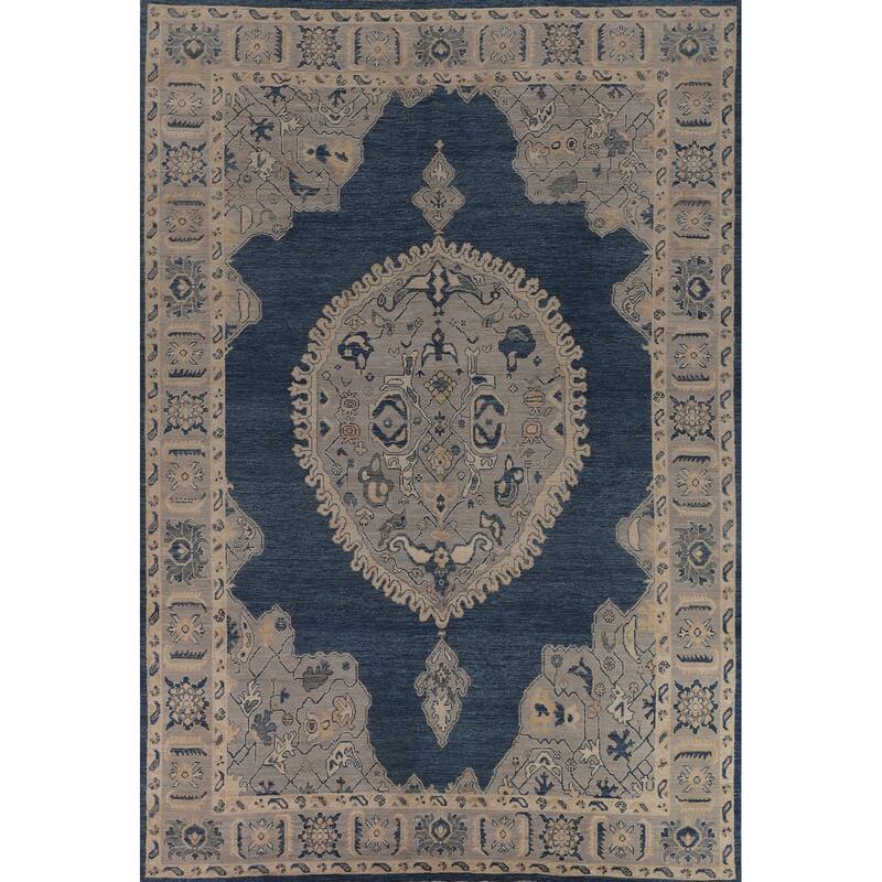 Blue Geometric Oushak Large Rug Hand-Knotted Wool Carpet - 9'10"x 13'10"