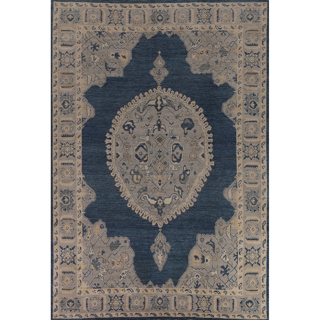 Blue Geometric Oushak Large Rug Hand-Knotted Wool Carpet - 9'10"x 13'10"