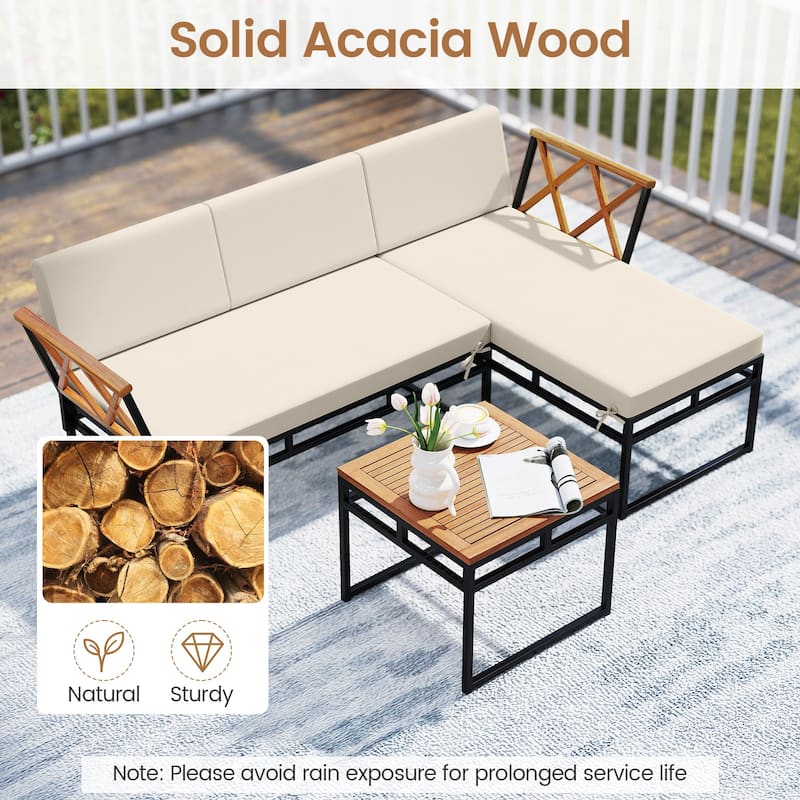 3 Piece Beige Acacia Wood Patio Loveseat Sofa Set with Metal Frame and Table - 72.5" × 47" × 26"