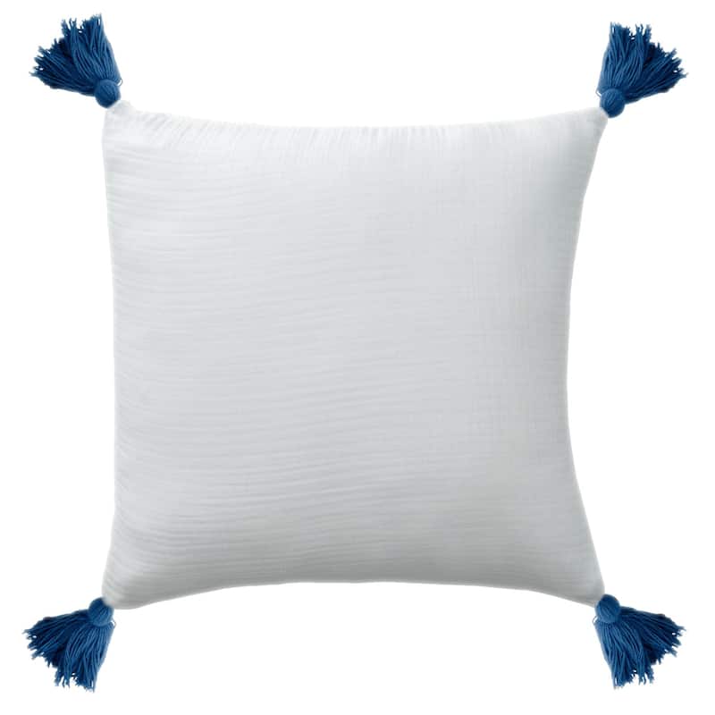 Handmade Square Throw Pillow with Tassels - 20" - White and Blue