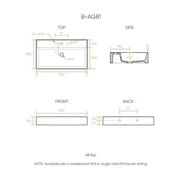 dimension image slide 0 of 3, Rectangular Wall Mount Basin with Faucet Drilling Options and Overflow