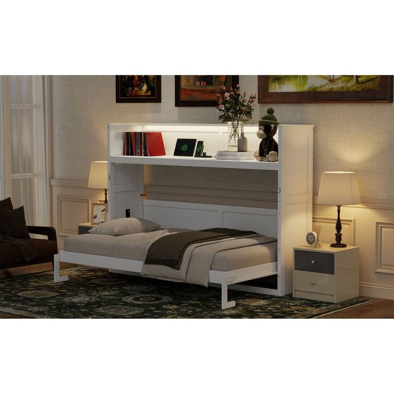 Twin XL Murphy Bed with Desk, LED Light, and USB Charging Station in White