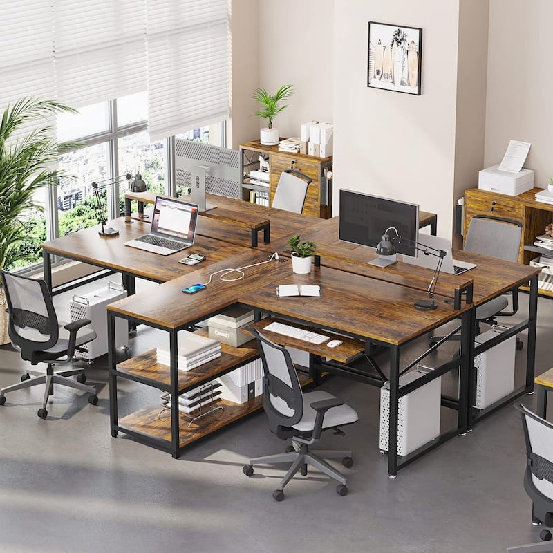 Two Person Double Computer Desk LED Gaming Desk 2 Storage Shelves