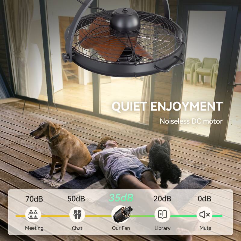 23.6" Industrial Wet Outdoor Caged Ceiling Fan with Light and Remote
