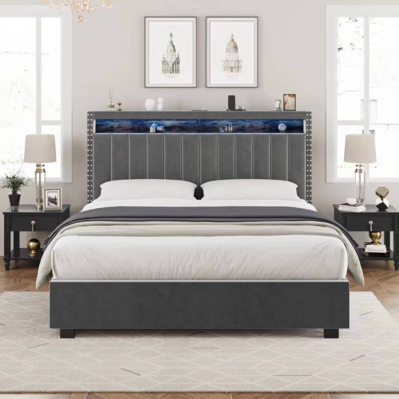 King Size Luxury Gas Lift Storage Bed with RF LED Lights and Storage Headboard Velvet Grey