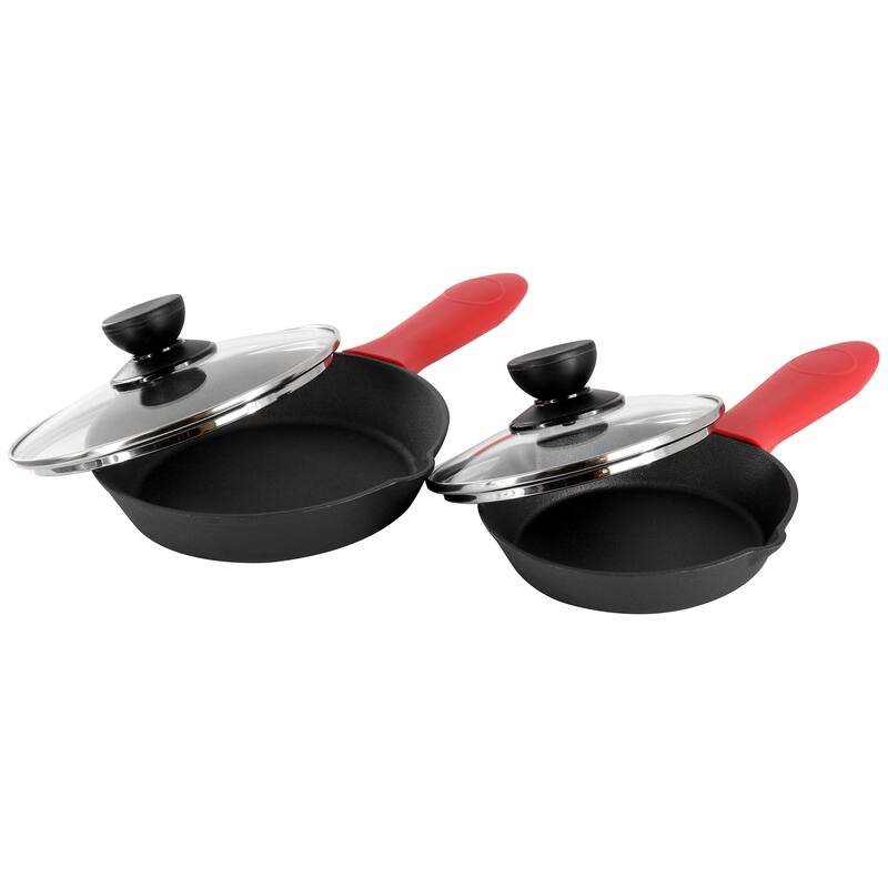MegaChef 13 Piece Cast Iron Skillet Set with Tempered Glass Lids and Silicone Holders