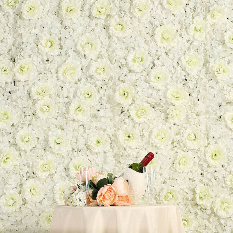 Enova Home Artificial Faux Foliage Flowers Wall Mat Panel Hydrangea and Rose Flowers Backdrop Wedding Party Photo Event Decor - Cream - 4 Packs