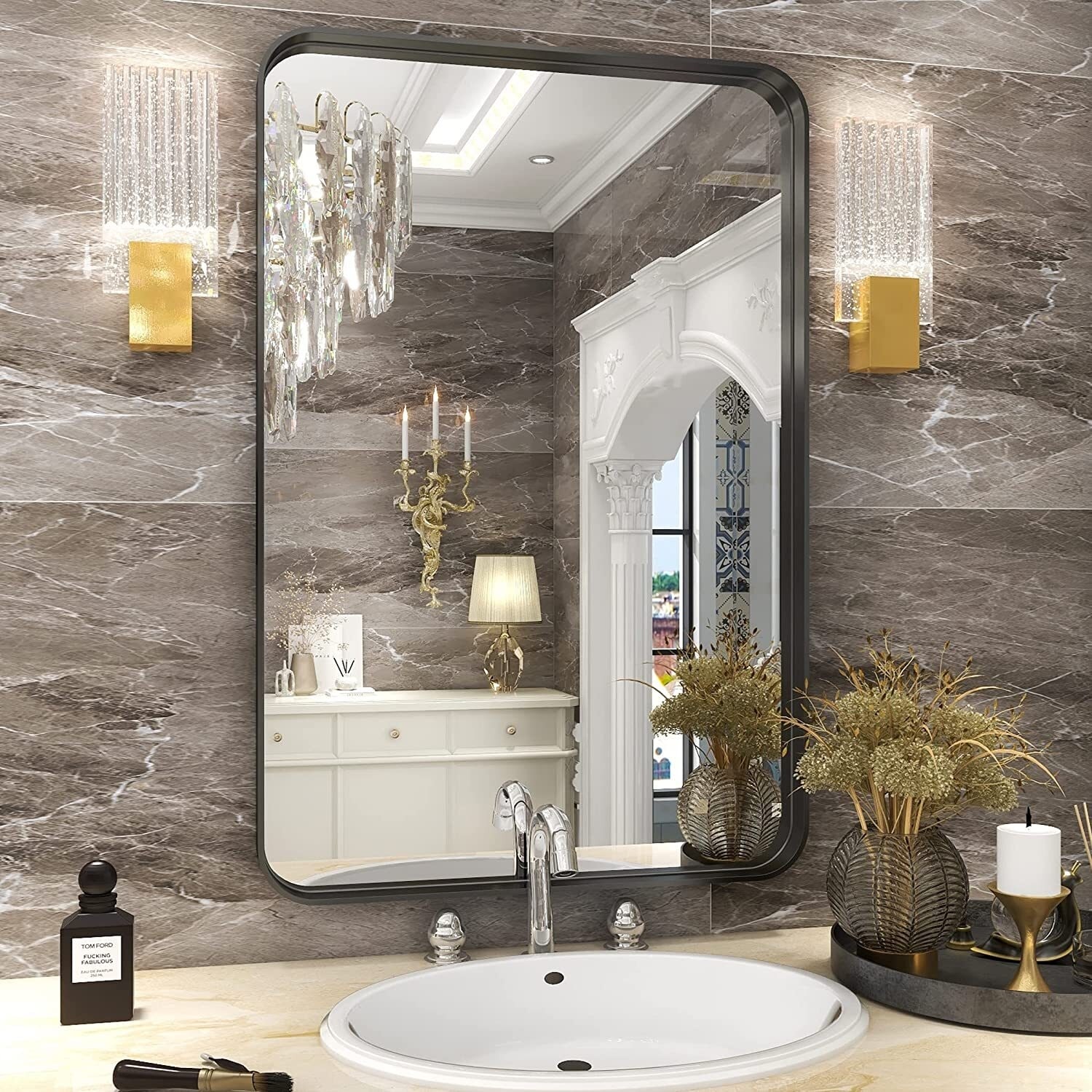 Wide Edge Wall Mirror Rectangle Bathroom Metal Frame Vanity Mirror - 30x48 - Black, image size:1500x1500