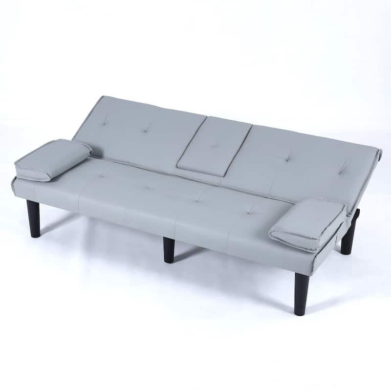 Convertible Loveseat Couch Adjustable Faux Leather Sleeper Sofa Bed with Coffee Table, Cup Holders and Removable Pillow Armrests