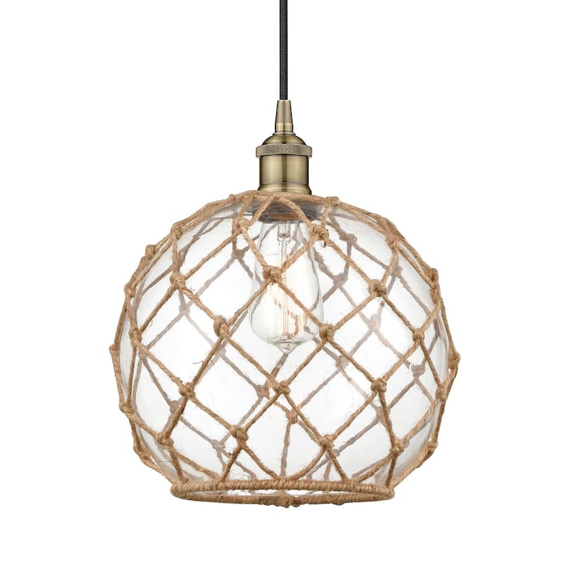 Innovations Lighting 616-1P-13-10 Farmhouse Pendant Farmhouse 10" Wide - Antique Brass / Clear Glass / Brown Rope