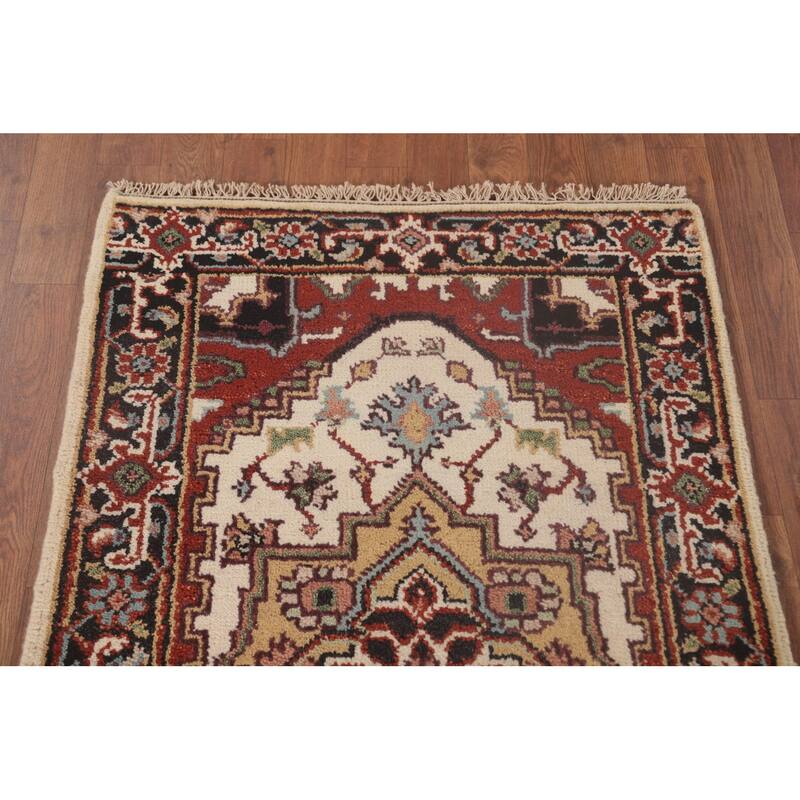 Geometric Heriz-Serapi Runner Rug Hand-Knotted Bedroom Wool Carpet - 2'6"x 8'0"