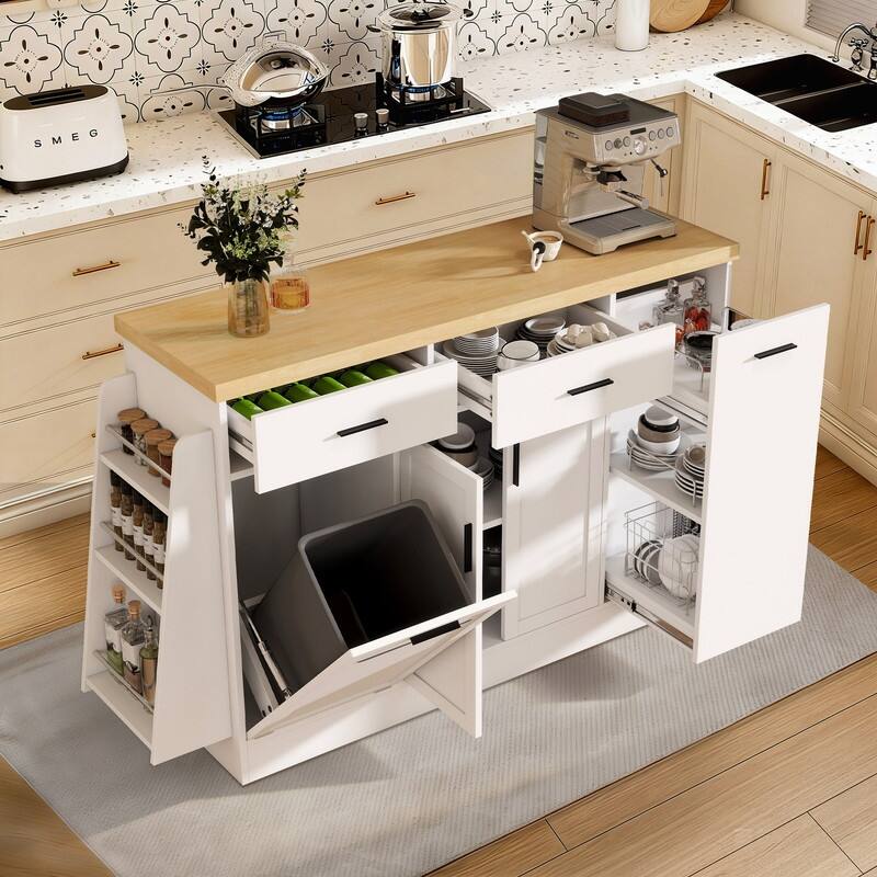 Multi-Functional Storage Sideboard Kitchen Island with Hidden Trash Can and Adjustable Spice Rack