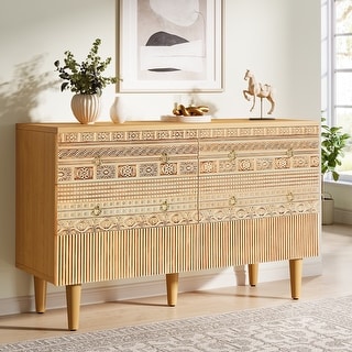 47-Inch Boho Accent Dresser, Double Wide Chest of Drawers with 6 Carved Drawers