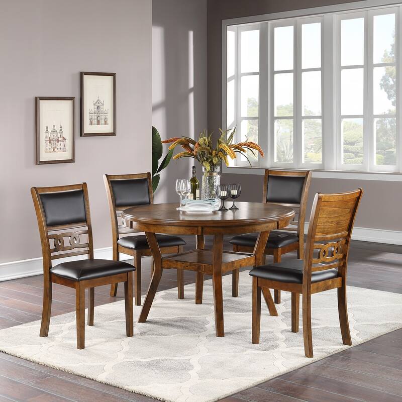 5 Piece Round Dining Table Set, Kitchen Dining Room Furniture Set with Dining Table and 4 Upholstered Side Chairs - Walnut