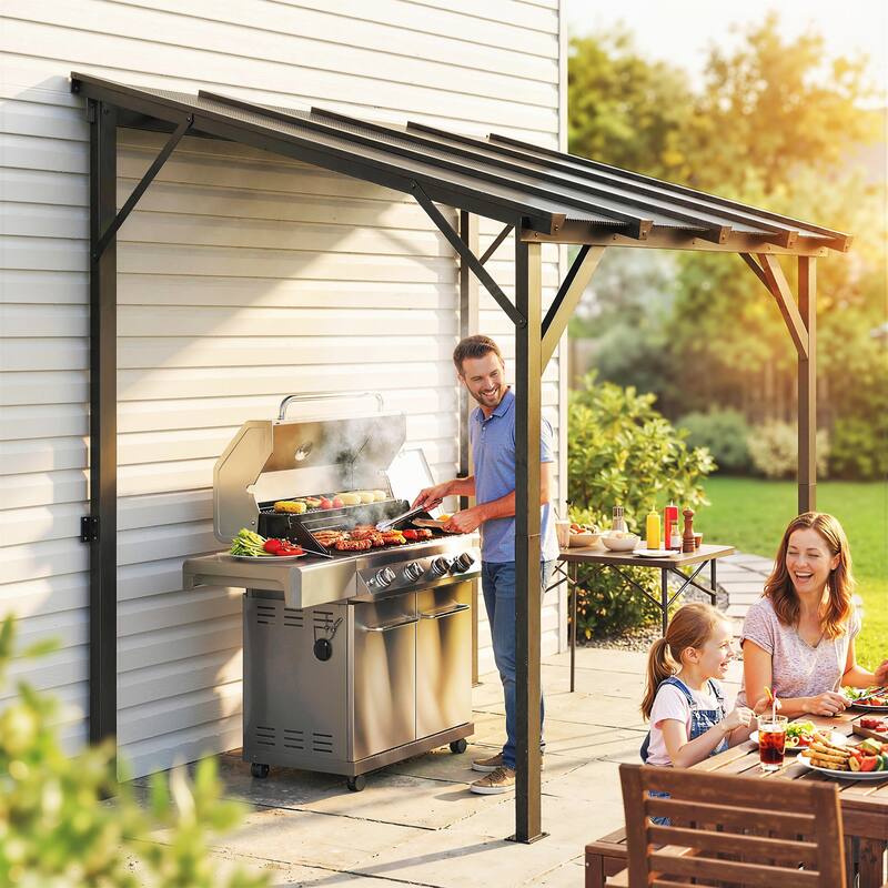 Outsunny 8' x 5' Hardtop Grill Gazebo, Lean-to BBQ Gazebo Shelter, Wall-Mounted Pergola with Polycarbonate Roof and Steel Frame