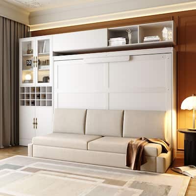 Queen Size Murphy Bed Wall Bed with Sofa , Shelves USB & Light