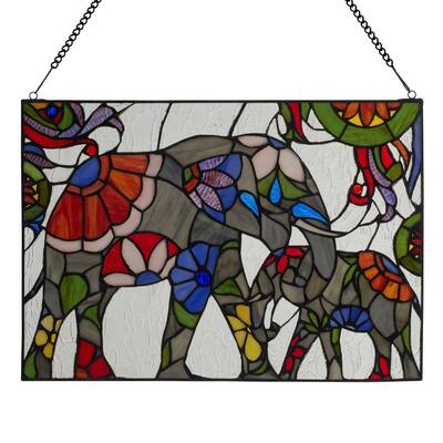 The Mother and Baby Elephant River of Goods Stained Glass Window Panel - 20" x 0.25" x 14"