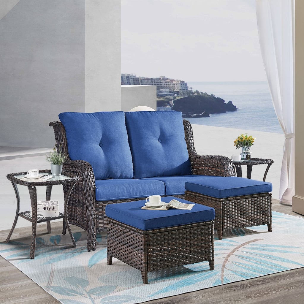Gymojoy 5-Piece Outdoor Wicker Patio Furniture with Loveseat, Rattan Coversation Set with Water Resistant Thick Cushions