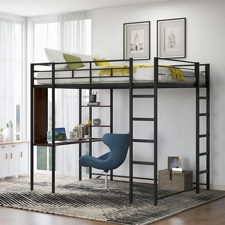 Full Size Metal Loft Bed with 2 Shelves and Desk, Black