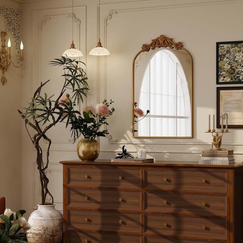 Metal Arch-top Bathroom Mirror with Baroque flower