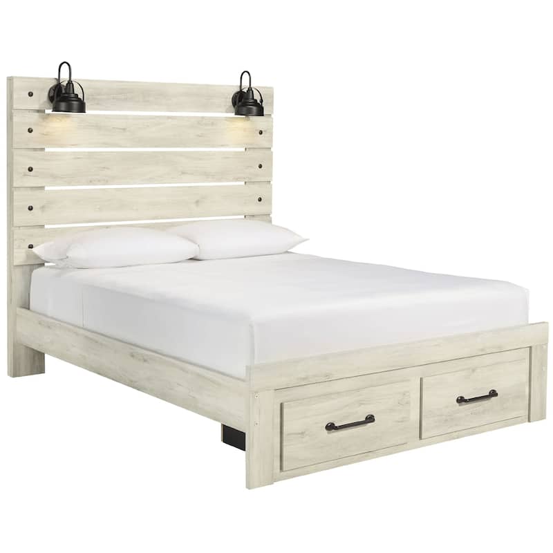 Cemy Queen Size Bed, 2 Footboard Drawers, 2 Sconce Lights, Whitewash
