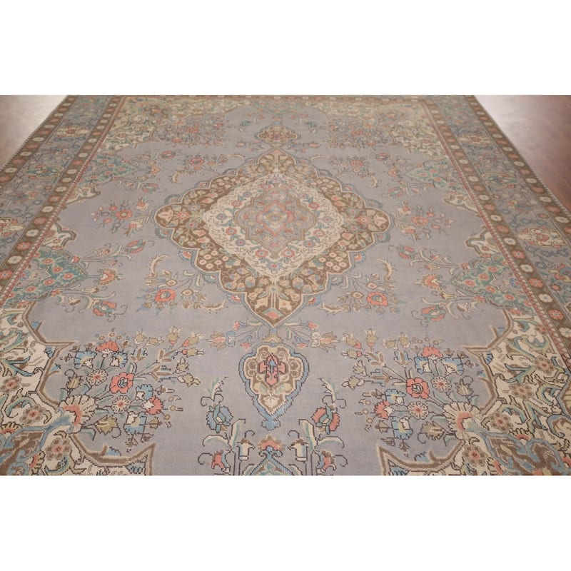 Traditional Gray Tabriz Persian Vintage Rug Hand-Knotted Wool Carpet - 9'6"x 12'11"