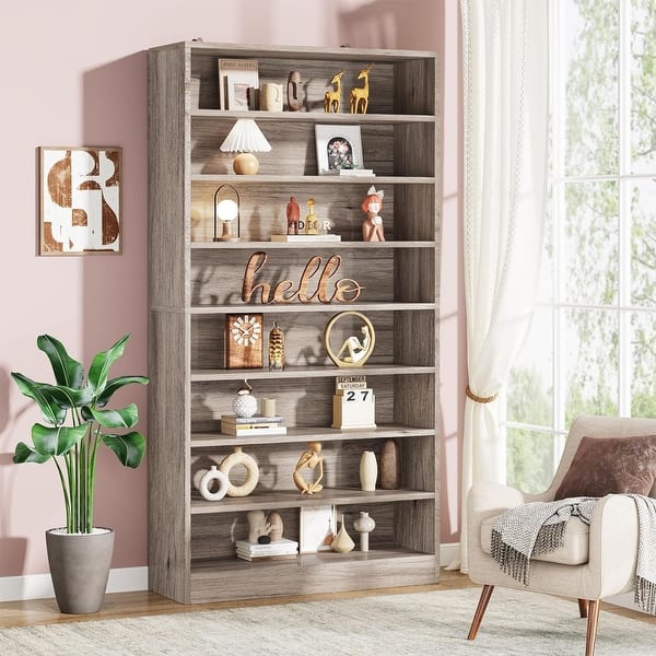 slide 2 of 7, 71 Inch Tall Bookcase 9 Tier Modern Bookshelf Large Open Display Beige Gray