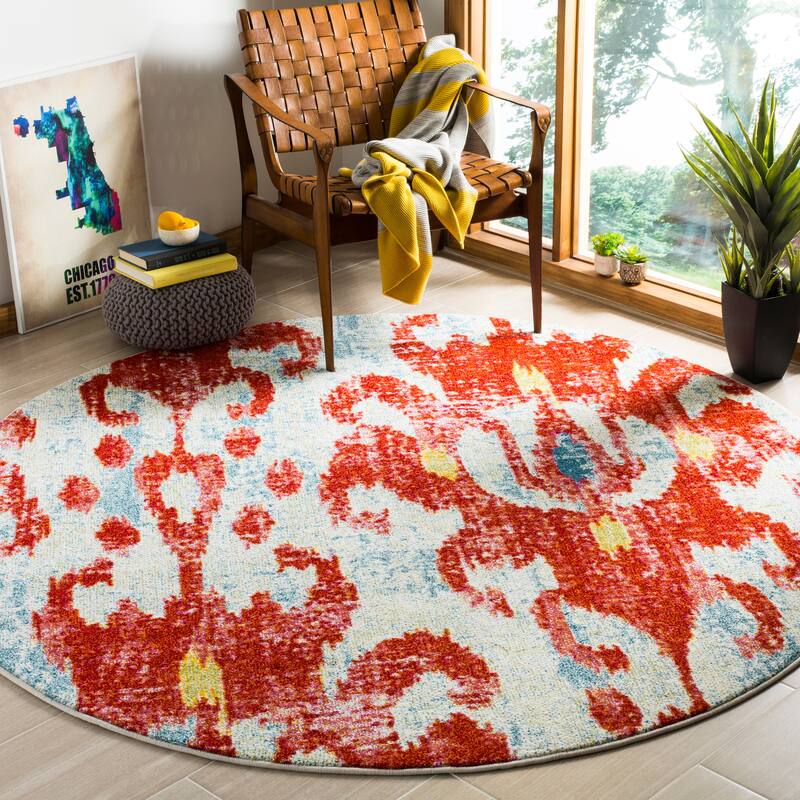 SAFAVIEH Watercolor Isabelle Modern Abstract Rug - 6'7" Round - Brick red/Light Blue