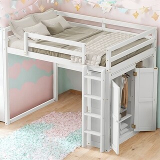 White Full Size Loft Bed with Built-in Wardrobe and Storage Shelves,LED Design