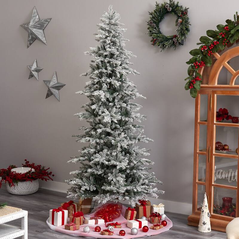 Slim Artificial Christmas Tree with Warm White Lights - 8.5ft Holiday Decor - Green - 102