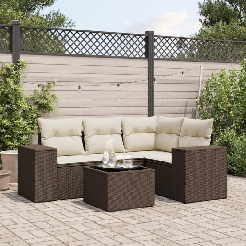 vidaXL Patio Sofa Set with Cushions Outdoor Conversation Furniture Poly Rattan - Brown and cream with table - 21.7 x 21.7 x 14.6