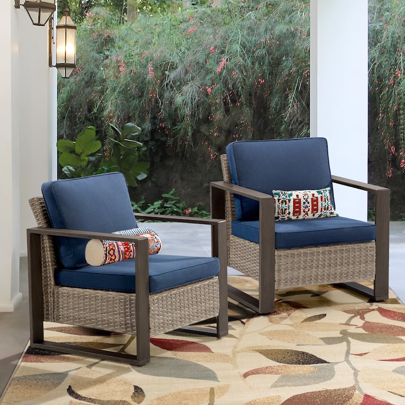 Cozywor 2-Piece Patio Wicker Outdoor Lounge Chair with Metal Frame and Cushions